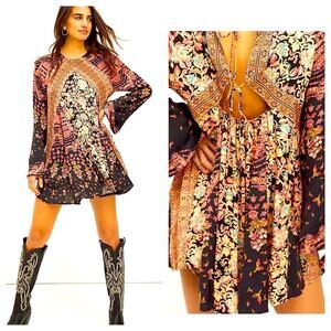Free People Dress Stevie NWT Floral Black Printed Mini Tunic Bell Sleeves XS